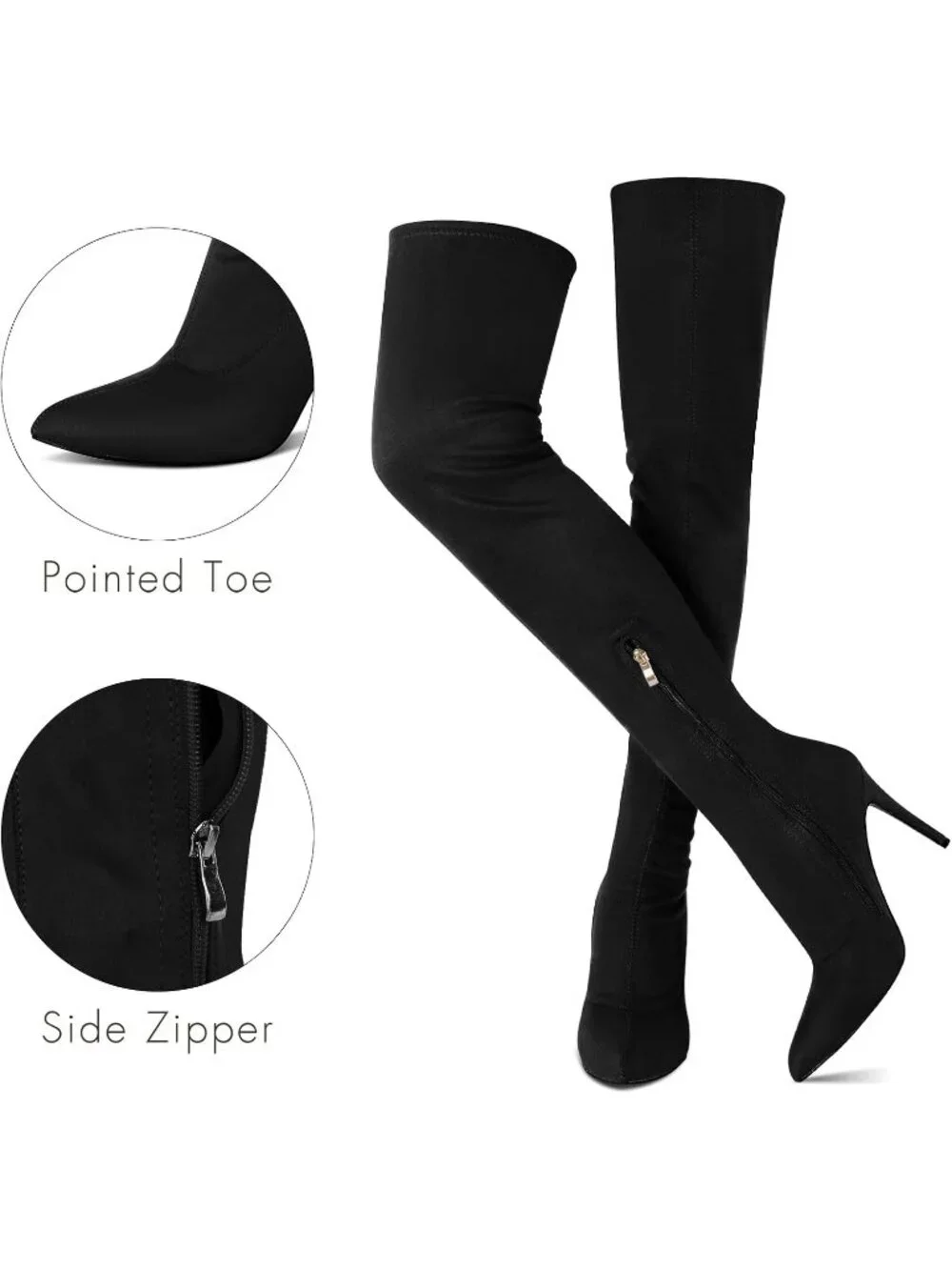 Women's Black Velvet Pointed Toe Side Zipper Stiletto Heeled Thigh High Boots